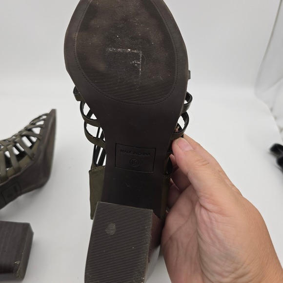 NineWest Womens 10 Hangtuff Olive Green Gladiator Woven OpenToe High Heel Bootie - Picture 7 of 14